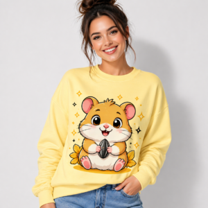 Women's Cute Cartoon Hamster Print Oversized Sweatshirt - Pastel Yellow, Crew Neck Long Sleeve Pullover